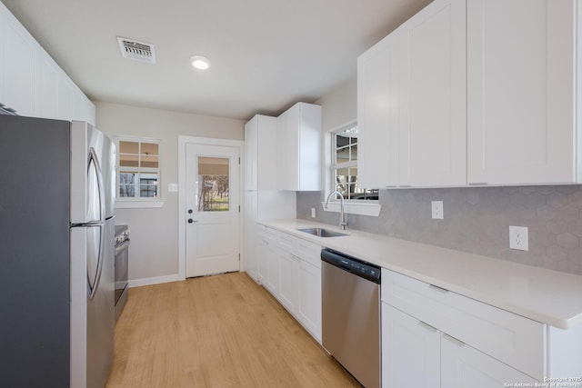 kitchen featuring white cabinetry, stainless steel appliances, sink, and backsplash