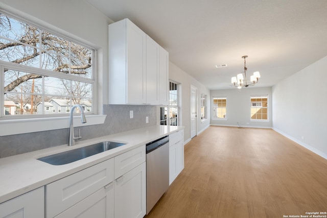 kitchen with white cabinetry, sink, backsplash, stainless steel dishwasher, and a notable chandelier