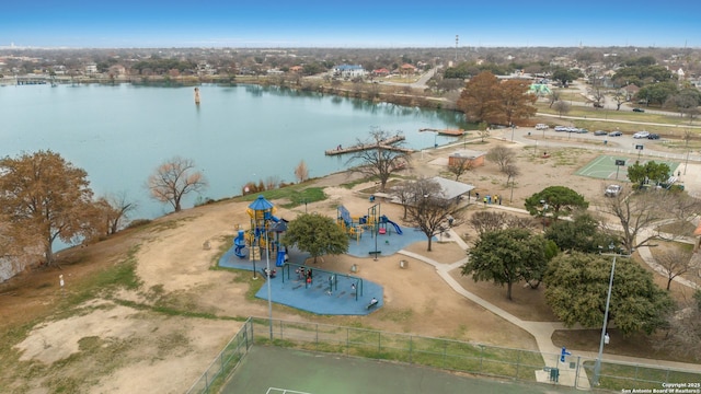 drone / aerial view with a water view