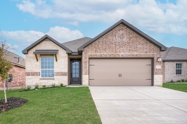 view of front of property featuring a garage and a front lawn