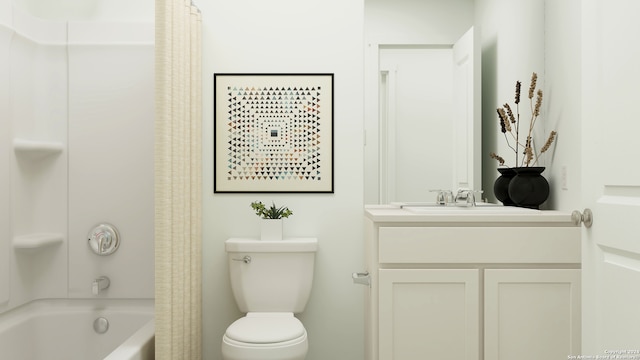 full bathroom featuring vanity, shower / bathtub combination with curtain, and toilet