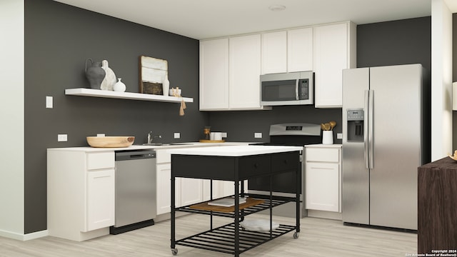 kitchen featuring white cabinetry, stainless steel appliances, sink, and light wood-type flooring