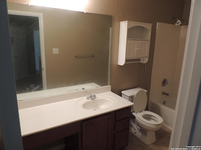 full bathroom featuring shower / tub combination, vanity, toilet, and tile patterned flooring