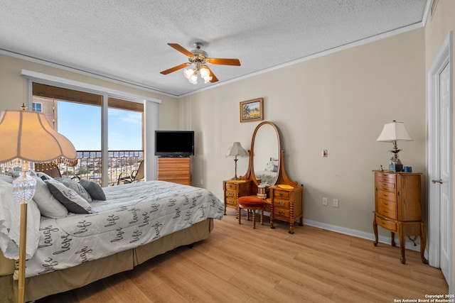 bedroom featuring access to exterior, ceiling fan, crown molding, a textured ceiling, and light hardwood / wood-style flooring