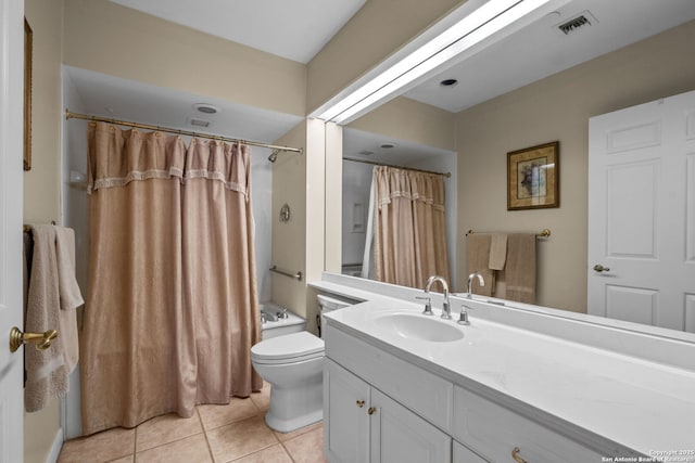 full bathroom featuring vanity, toilet, tile patterned flooring, and shower / bath combo