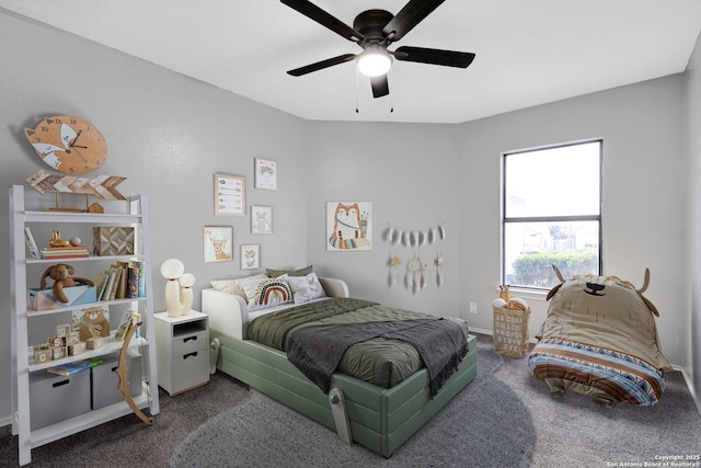 bedroom featuring carpet and ceiling fan