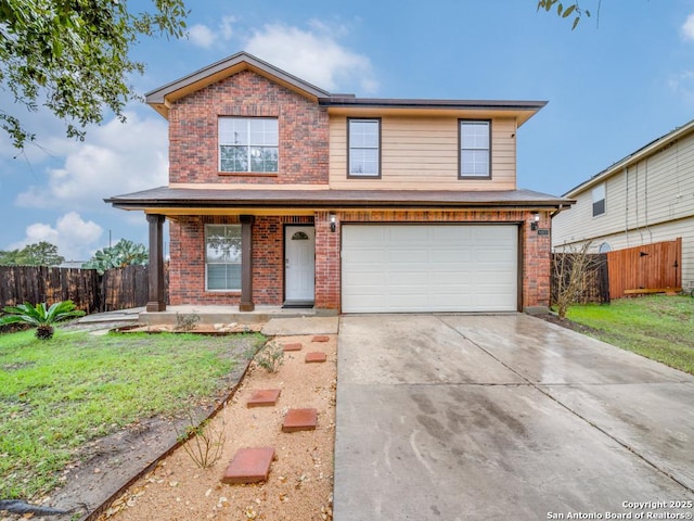 front of property featuring a garage, covered porch, and a front lawn