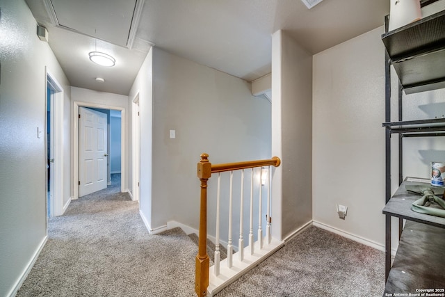 hall featuring light colored carpet