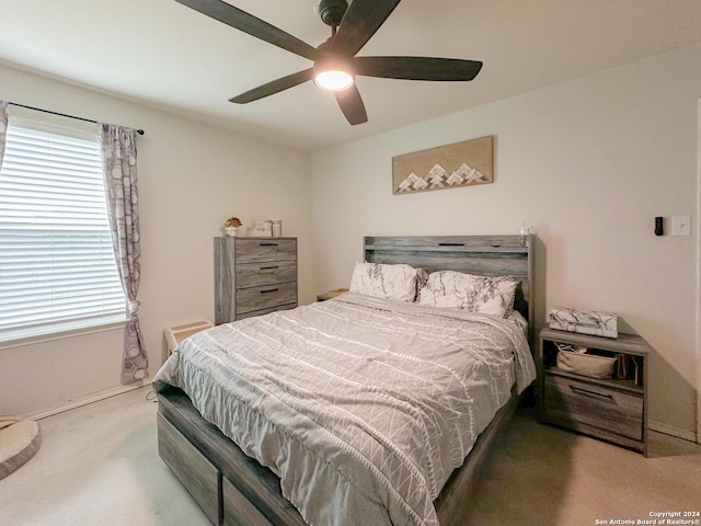 bedroom featuring ceiling fan, carpet, and multiple windows