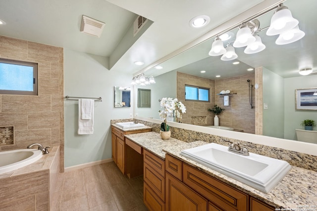 full bathroom with vanity, independent shower and bath, and toilet