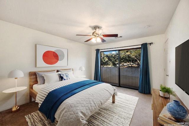 bedroom with access to outside, light colored carpet, and ceiling fan