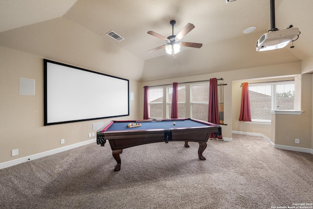 rec room featuring carpet floors, vaulted ceiling, billiards, and ceiling fan