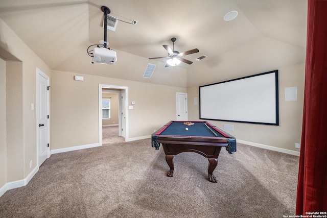 game room featuring ceiling fan, pool table, vaulted ceiling, and carpet