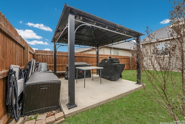 view of patio / terrace featuring a gazebo and grilling area