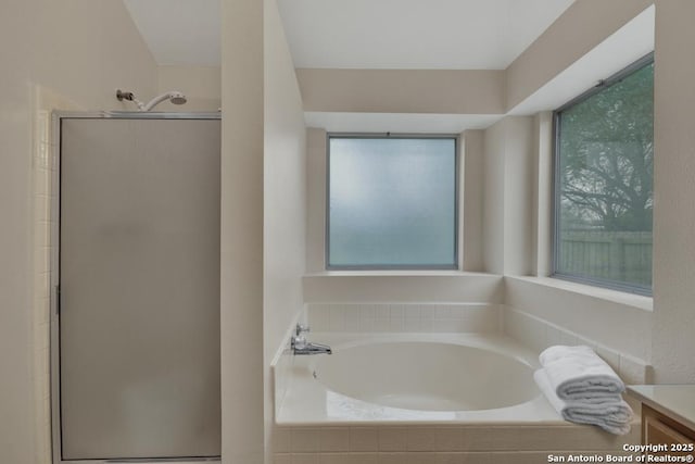 full bathroom with a garden tub, a shower stall, vanity, and a healthy amount of sunlight