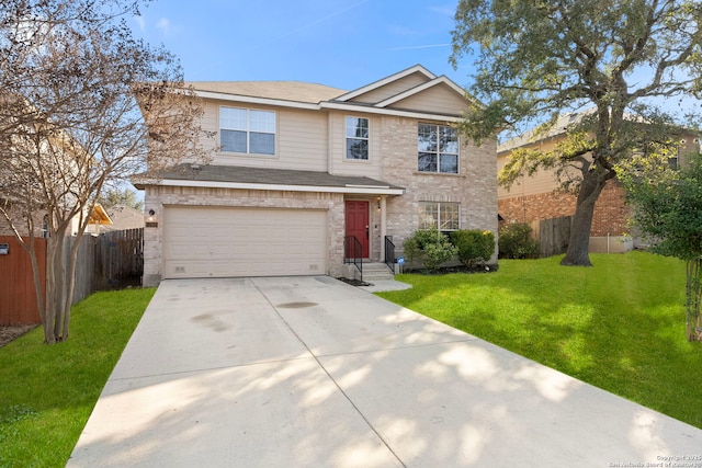 front facade with a garage and a front lawn