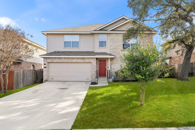 front facade with a garage and a front lawn