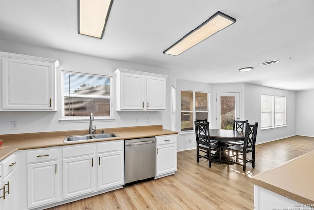 kitchen with white cabinetry, sink, light hardwood / wood-style flooring, and stainless steel dishwasher