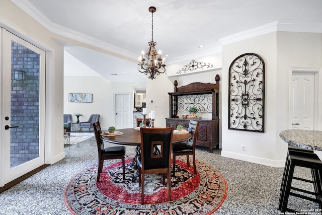 carpeted dining space featuring a notable chandelier and crown molding