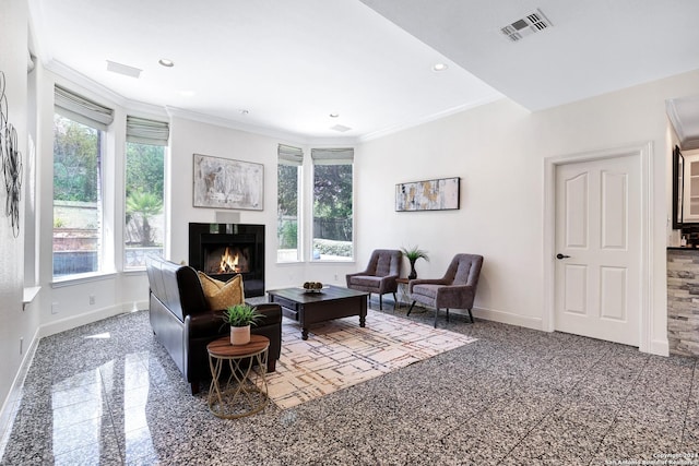 living room with crown molding