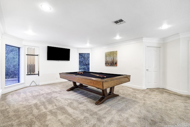 rec room with crown molding, light colored carpet, and billiards