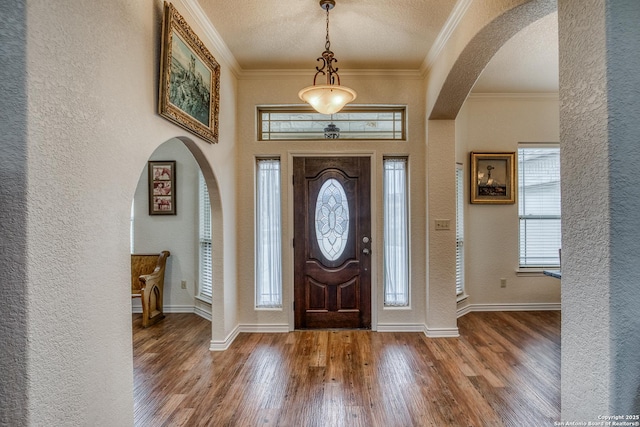 entrance foyer with crown molding, a wealth of natural light, and wood-type flooring