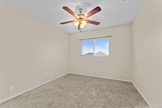 empty room with carpet, a textured ceiling, and ceiling fan