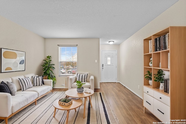 living room with light hardwood / wood-style floors and a textured ceiling