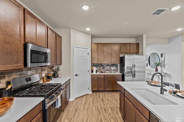 kitchen featuring stainless steel appliances, sink, decorative backsplash, and light wood-type flooring