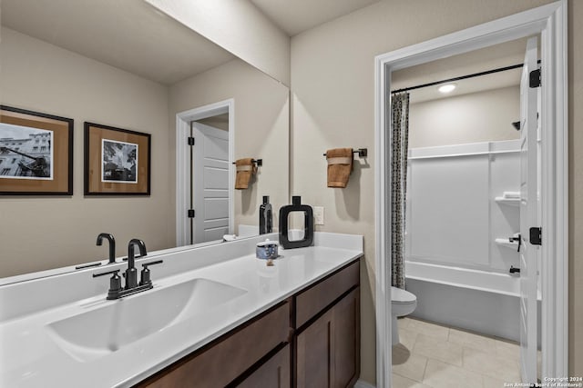 full bathroom with shower / bath combination with curtain, vanity, toilet, and tile patterned flooring