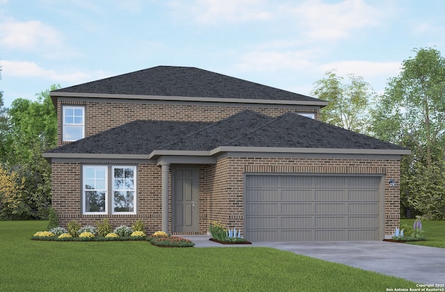 view of front of home with a garage and a front lawn