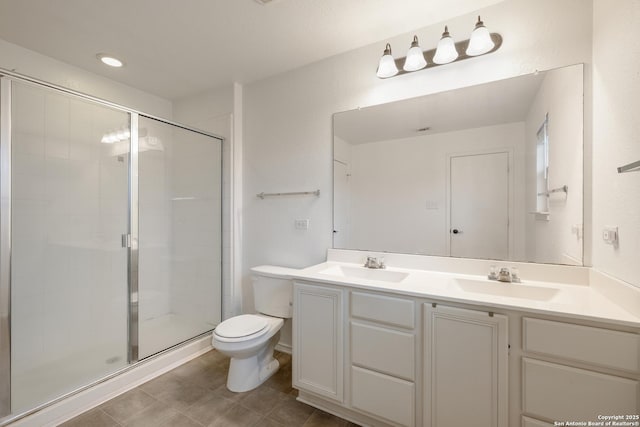 bathroom with tile patterned flooring, vanity, an enclosed shower, and toilet