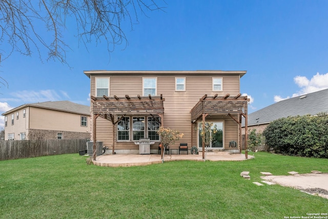 rear view of property featuring a yard, a pergola, a patio area, and central AC unit