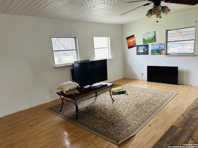 office with hardwood / wood-style flooring and ceiling fan