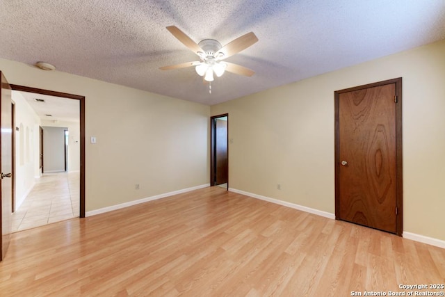 empty room featuring light hardwood / wood-style flooring, ceiling fan, and a textured ceiling