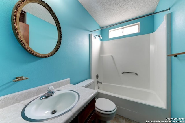 full bathroom with toilet, shower / bathtub combination, vanity, and a textured ceiling