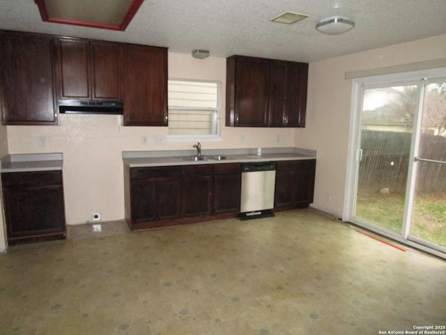 kitchen with dark brown cabinetry, dishwasher, and sink