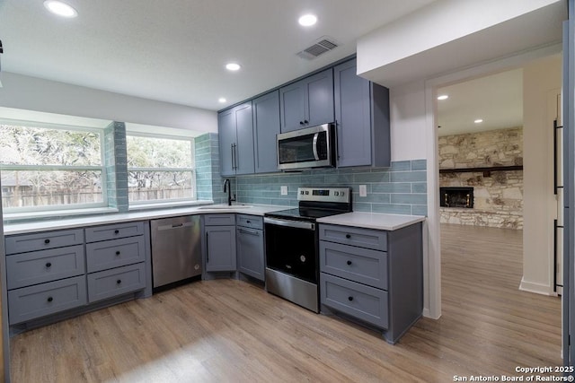 kitchen featuring stainless steel appliances, a fireplace, sink, and light wood-type flooring