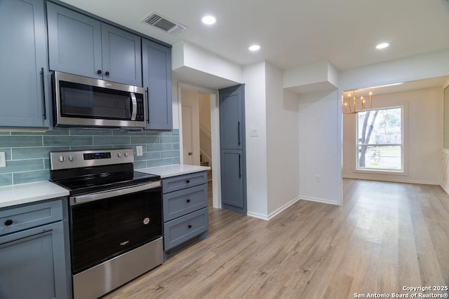 kitchen featuring decorative backsplash, light hardwood / wood-style flooring, and appliances with stainless steel finishes