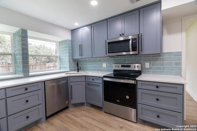 kitchen featuring gray cabinets, appliances with stainless steel finishes, sink, backsplash, and light wood-type flooring