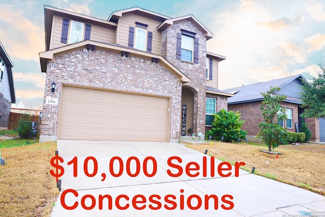 view of front of property featuring a garage, concrete driveway, brick siding, and a front lawn