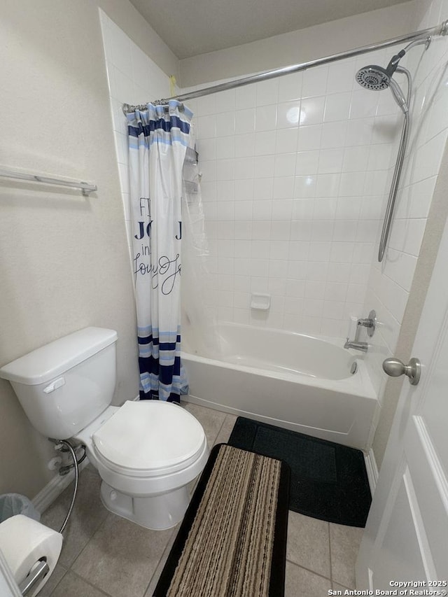 bathroom with tile patterned flooring, toilet, and shower / bath combo with shower curtain