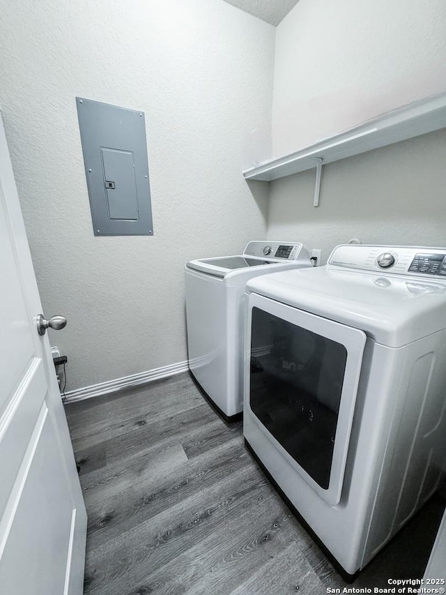 laundry area featuring washer and dryer, dark wood-type flooring, and electric panel