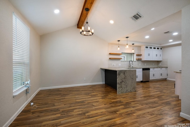 kitchen featuring open shelves, light countertops, white cabinetry, a sink, and a peninsula