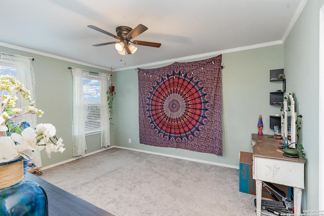 sitting room with ornamental molding, light carpet, and ceiling fan