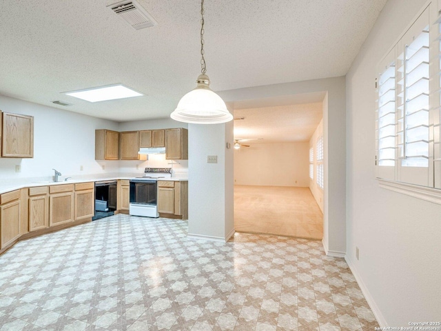 kitchen with pendant lighting, dishwasher, ceiling fan, a textured ceiling, and electric stove