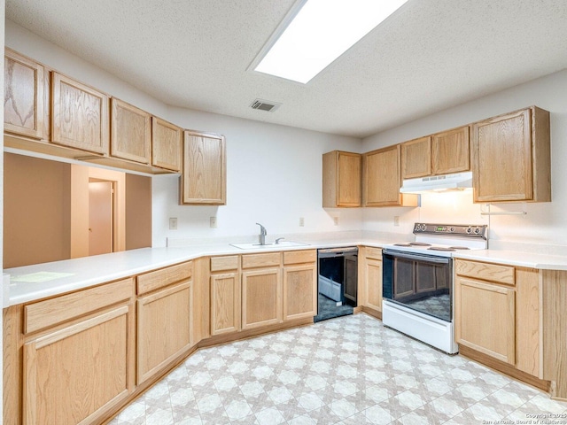 kitchen featuring white electric range oven, light brown cabinetry, sink, a textured ceiling, and black dishwasher