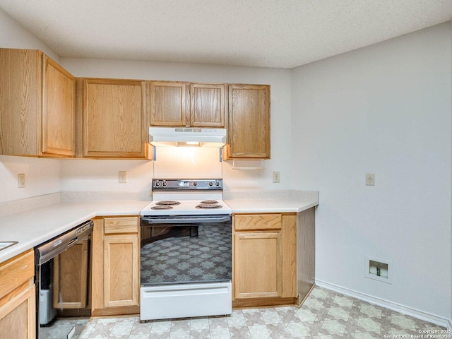 kitchen with range with electric stovetop, a textured ceiling, dishwasher, and light brown cabinets