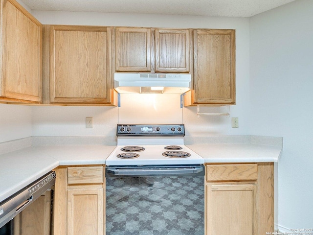 kitchen featuring range with electric cooktop, black dishwasher, and light brown cabinetry