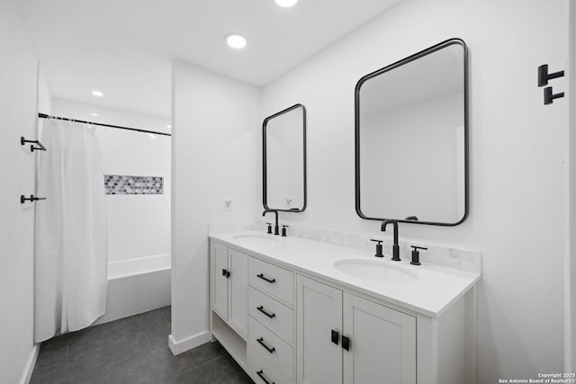 bathroom featuring vanity, shower / tub combo, and tile patterned floors